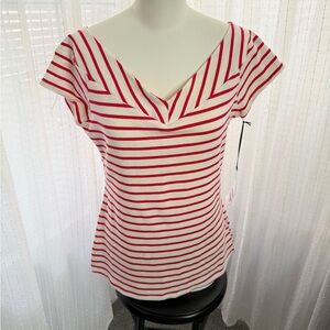 NWT Women’s Retro Unique Vintage Red and White Striped V-Neck Sailor Tee/Top